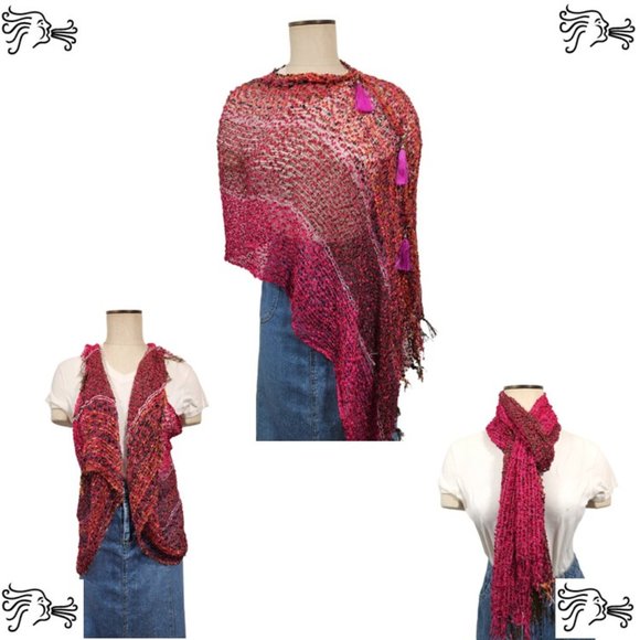 Magenta Teal Burnt Orange Poncho Vest Scarf Adjustable Tassel… - Picture 1 of 4